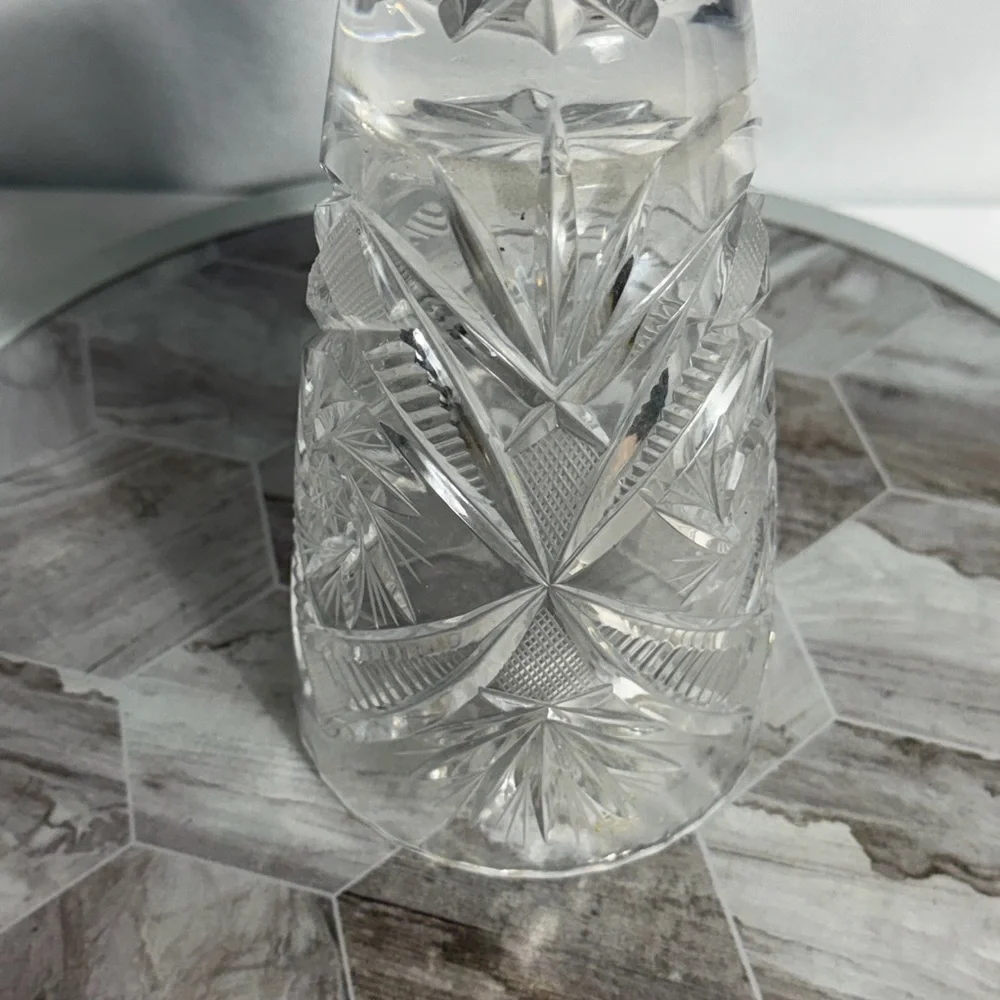 Vintage Cut Crystal Vase Heavy Clear Glass Starburst Geometric Pattern